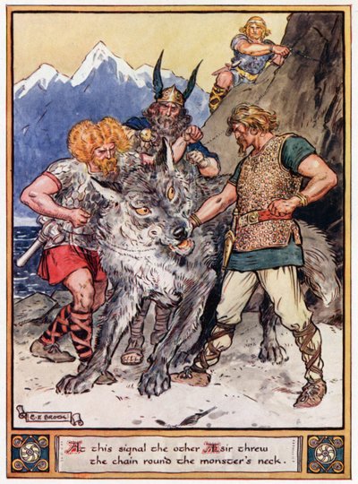"A este sinal, o outro Aesir jogou a corrente em volta do pescoço do monstro", ilustração de "Os heróis de Asgard, contos da mitologia escandinava", de A und E Keary, 1930 de Charles Edmund Brock